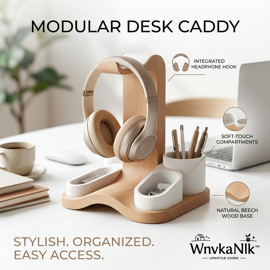 WnvkaNlk™ Modular Desk Caddy - Natural Beech Wood Headphone Stand & Desk Organizer | Minimalist Office Pen Holder & Accessory Tray for Desktop Storage, Gaming Setup, and Home Office Decor