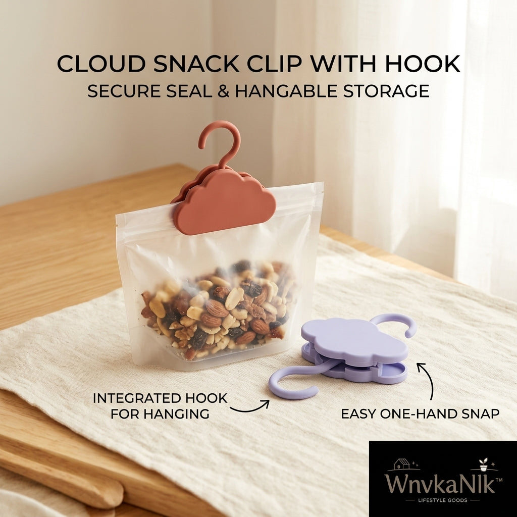 WnvkaNlk™ Cloud Snack Clip with Hook - 2-in-1 Hanging Bag Clips for Food Storage, Aesthetic Chip Clips for Pantry Organization, Easy One-Hand Snap Air-Tight Seal for Cereal, Snacks & Kitchen Storage