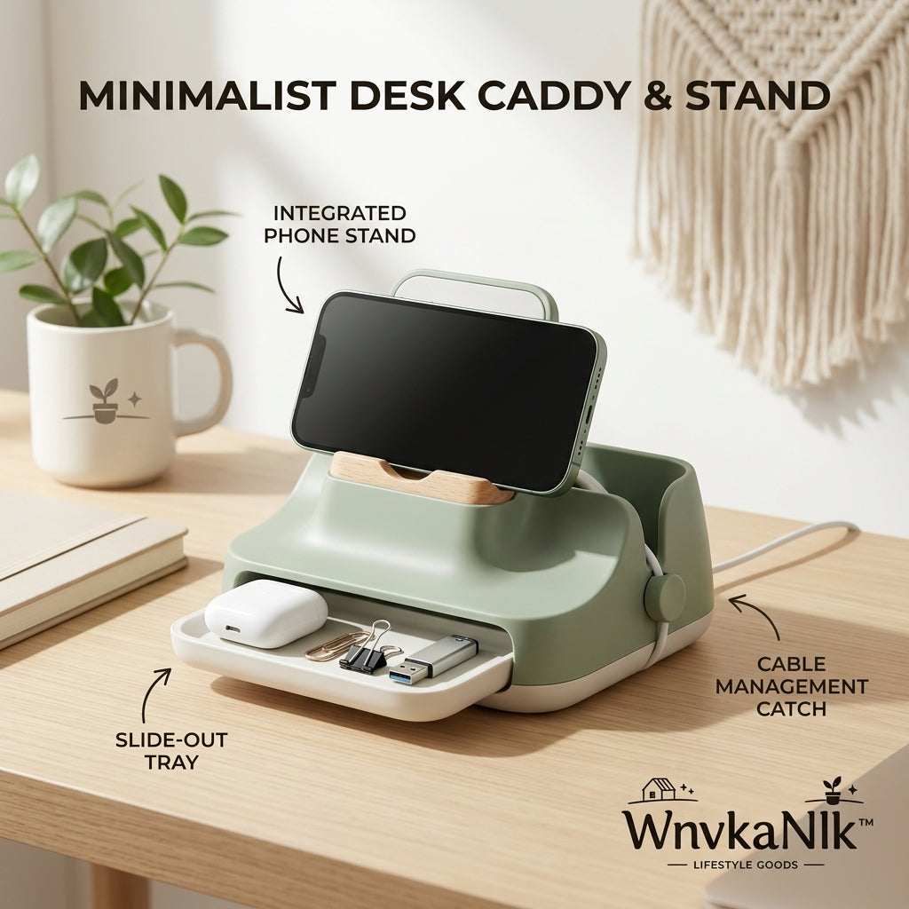 WnvkaNlk™ Minimalist Desk Caddy & Organizer with Integrated Phone Stand, Slide-Out Accessory Drawer, and Cable Management Catch | Aesthetic Desktop Storage for Home Office, Vanity & Study Space