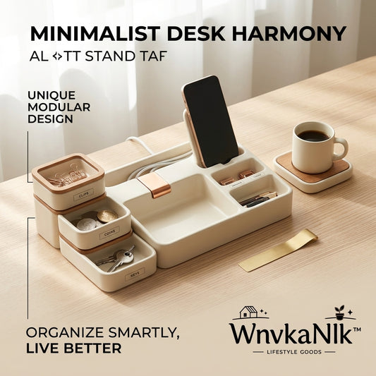 WnvkaNlk™ Minimalist Modular Desk Organizer with Phone Stand & Cable Management | Aesthetic Cream & Wood Desktop Storage System | Stackable Valet Tray for Home Office, Keys, Coins, and Tech Accessories