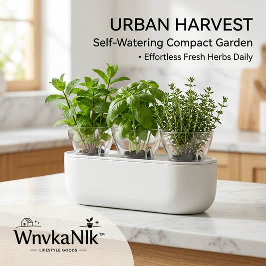 WnvkaNlk™ Self-Watering Indoor Herb Garden - 3-Pot Compact Kitchen Planter Box, Minimalist Window Sill Herb Starter Kit with Clear Pots & Water Reservoir for Basil, Mint, Thyme, and Fresh Greens