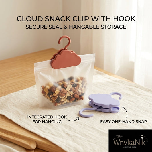 WnvkaNlk™ Cloud Snack Clip with Hook - 2-in-1 Hanging Bag Clips for Food Storage, Aesthetic Chip Clips for Pantry Organization, Easy One-Hand Snap Air-Tight Seal for Cereal, Snacks & Kitchen Storage