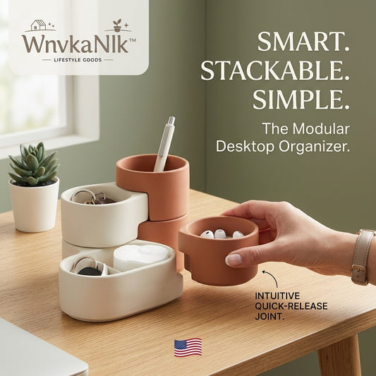 WnvkaNlk™ Modular Desktop Organizer - Stackable Desk Storage Caddy with Quick-Release Joints | Aesthetic Office Accessories, Pen & Pencil Holder, Key & Makeup Organizer for Home Office, Vanity & Entryway