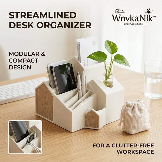 WnvkaNlk™ Modular Desk Organizer with Phone Stand & Plant Propagation Vase - Aesthetic House-Shaped Office Supplies Storage, Pen Holder, Mail Organizer, and Smart Cable Management for Home Office & Cubicle Decor
